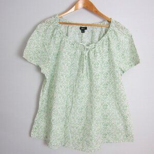 Ellos Womens Plus 1X Green White Floral SS Scoop Neck Cotton Peasant Shirt Top